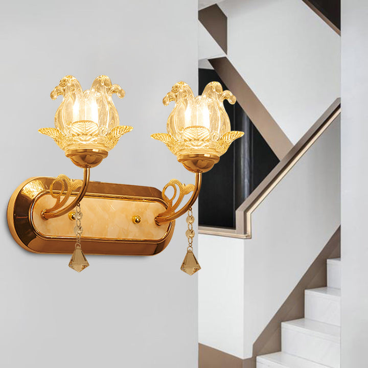 Lisslune | Simplicity Blossom Crystal Wall Lighting Fixture 1/2-Light Wall-Mounted Lamp in Gold with Curved Arm