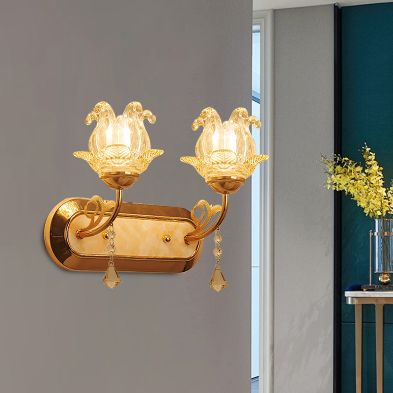 Lisslune | Simplicity Blossom Crystal Wall Lighting Fixture 1/2-Light Wall-Mounted Lamp in Gold with Curved Arm