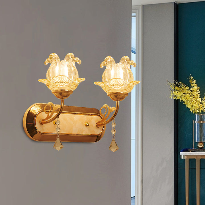 Lisslune | Simplicity Blossom Crystal Wall Lighting Fixture 1/2-Light Wall-Mounted Lamp in Gold with Curved Arm