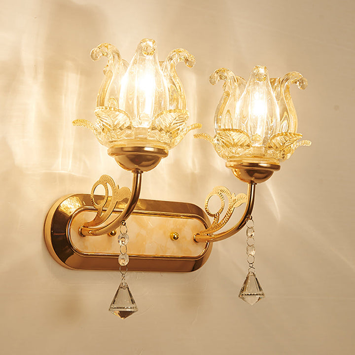 Lisslune | Simplicity Blossom Crystal Wall Lighting Fixture 1/2-Light Wall-Mounted Lamp in Gold with Curved Arm
