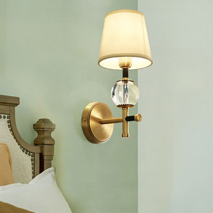 Lisslune | 1/2-Head Bedroom Wall Lamp Modernism Brass Finish Clear Crystal Wall Light with Conical Fabric Shade