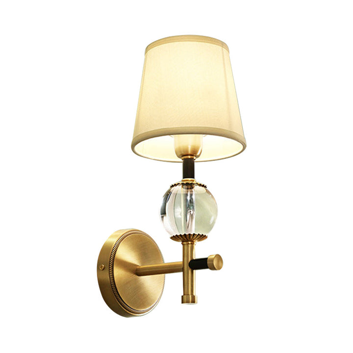 Lisslune | 1/2-Head Bedroom Wall Lamp Modernism Brass Finish Clear Crystal Wall Light with Conical Fabric Shade