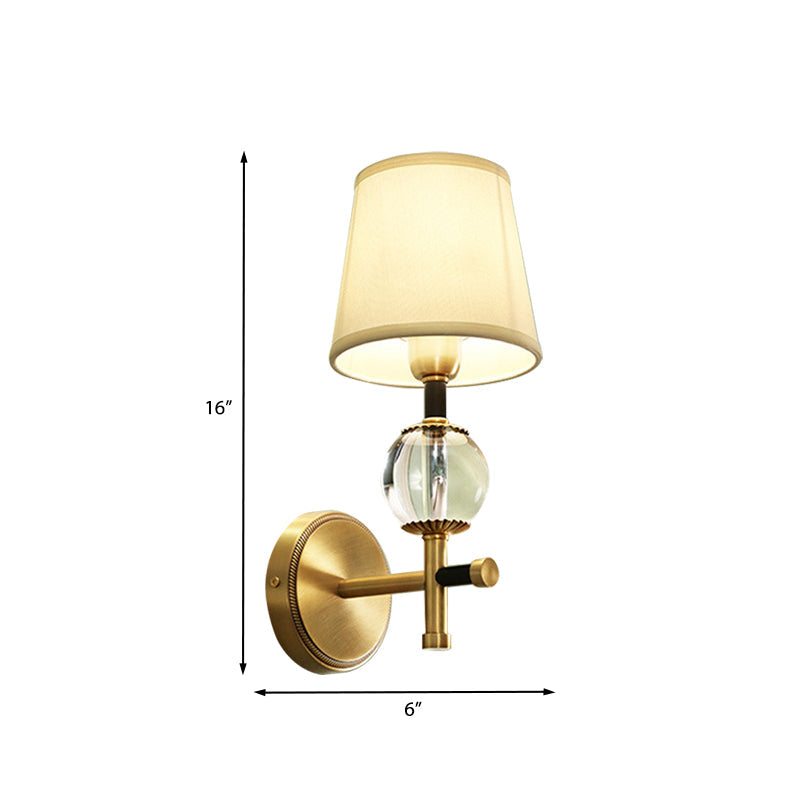 Lisslune | 1/2-Head Bedroom Wall Lamp Modernism Brass Finish Clear Crystal Wall Light with Conical Fabric Shade