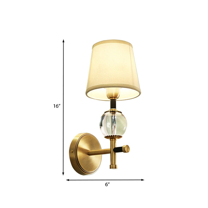 Lisslune | 1/2-Head Bedroom Wall Lamp Modernism Brass Finish Clear Crystal Wall Light with Conical Fabric Shade