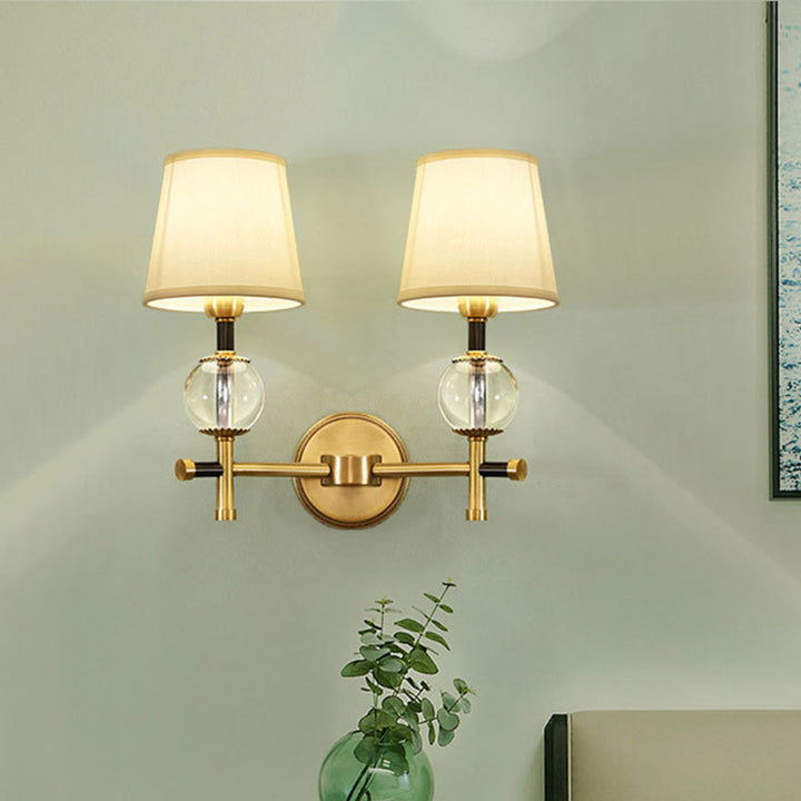 Lisslune | 1/2-Head Bedroom Wall Lamp Modernism Brass Finish Clear Crystal Wall Light with Conical Fabric Shade