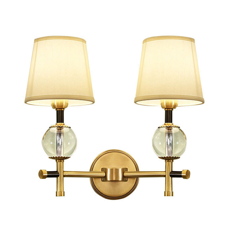 Lisslune | 1/2-Head Bedroom Wall Lamp Modernism Brass Finish Clear Crystal Wall Light with Conical Fabric Shade