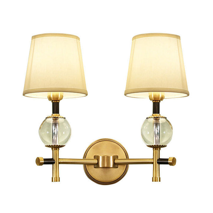 Lisslune | 1/2-Head Bedroom Wall Lamp Modernism Brass Finish Clear Crystal Wall Light with Conical Fabric Shade