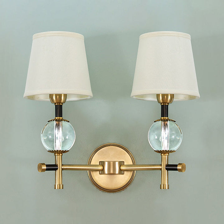 Lisslune | 1/2-Head Bedroom Wall Lamp Modernism Brass Finish Clear Crystal Wall Light with Conical Fabric Shade