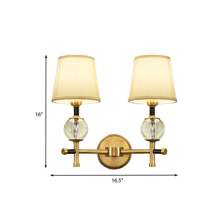 Lisslune | 1/2-Head Bedroom Wall Lamp Modernism Brass Finish Clear Crystal Wall Light with Conical Fabric Shade