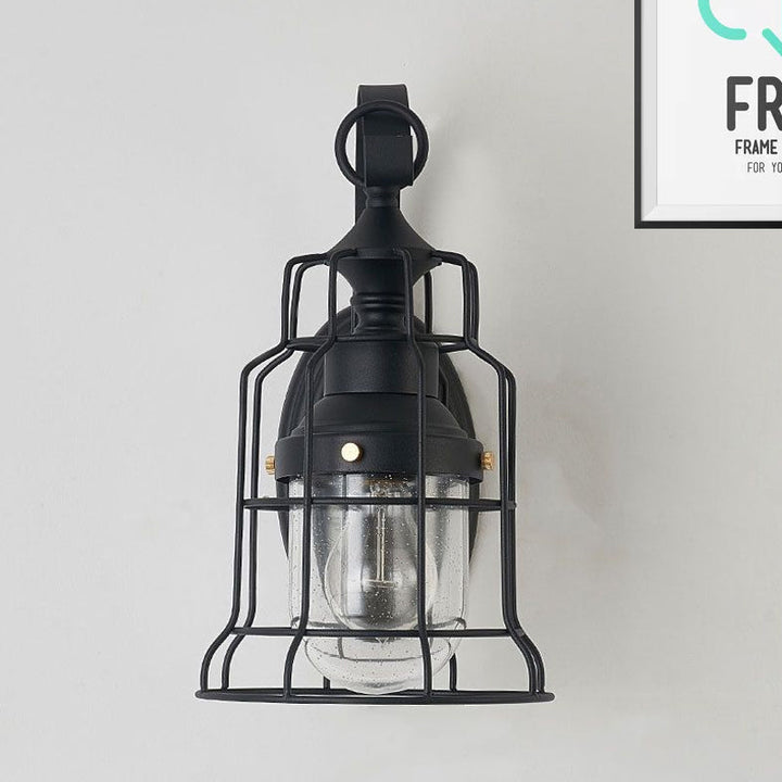 Lisslune | 1 Light Bell Shade Wall Lamp Industrial Black Glass Wall Lamp for Corridor with Metal Cage Frame