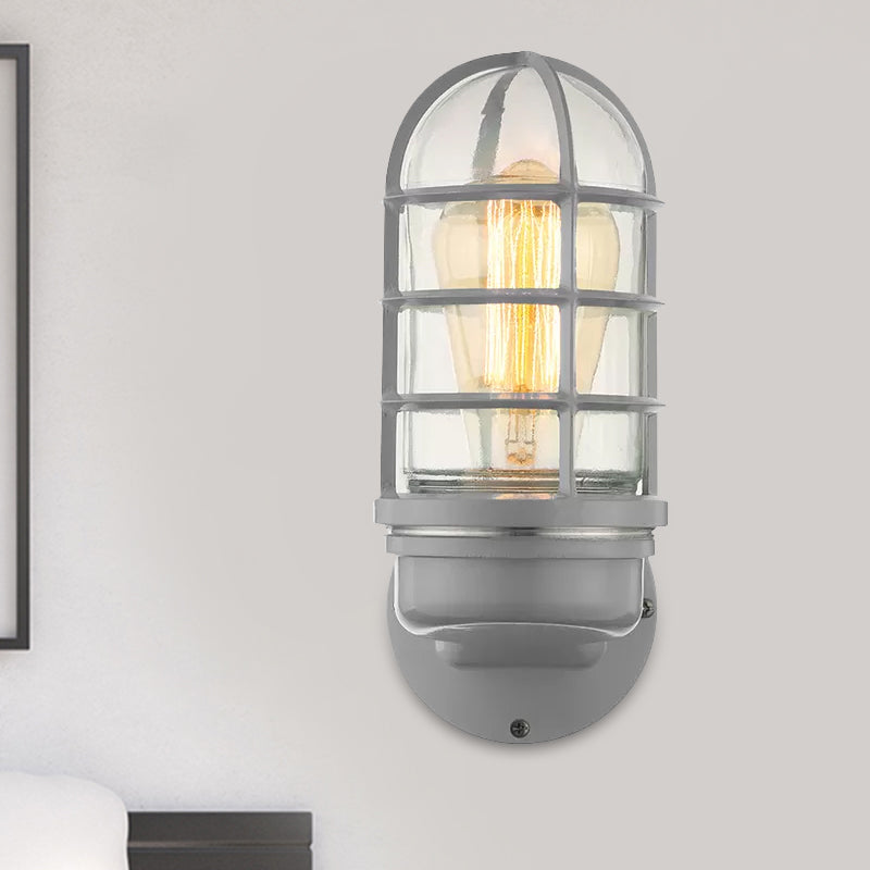 Lisslune | Cylinder Clear Glass Wall Mounted Lamp Industrial Single Bulb Living Room Wall Light in Pink/Blue/Green with Cage