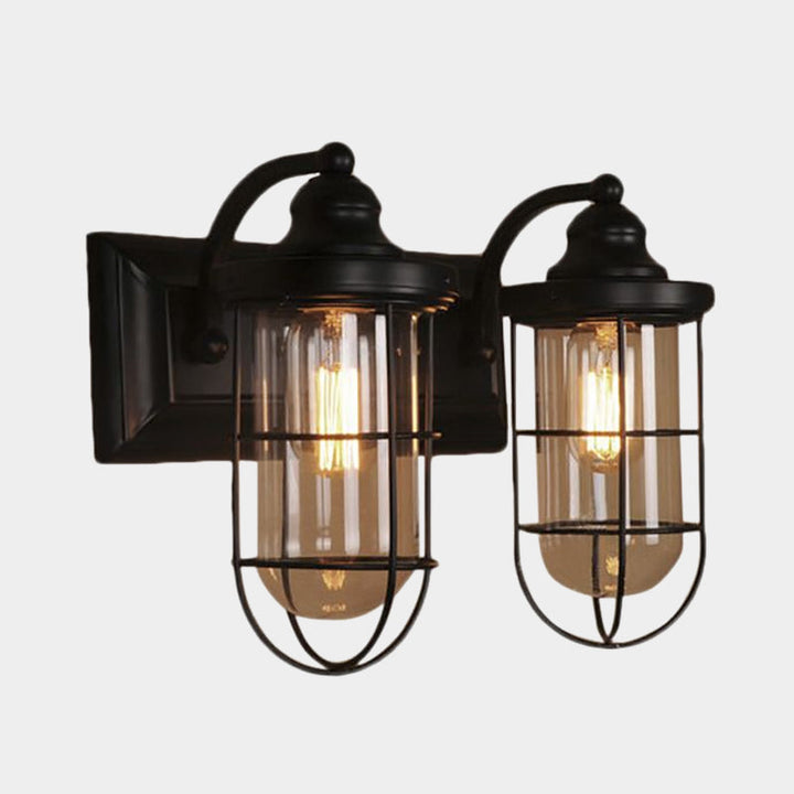 Lisslune | Industrial wire cage wall lighting 1/2-lamp clear glass wall lamp in black for stairs.