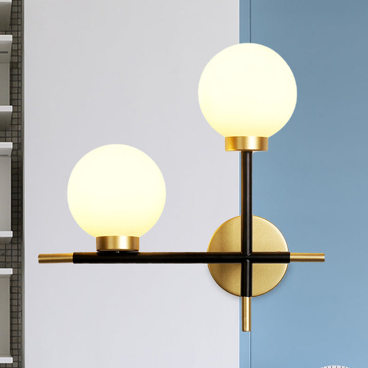 Lisslune | 2-Bulb Frosted Glass Wall Light Modern Black Double Sphere Living Room Wall Lamp with Cross Design
