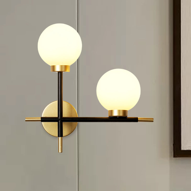 Lisslune | 2-Bulb Frosted Glass Wall Light Modern Black Double Sphere Living Room Wall Lamp with Cross Design