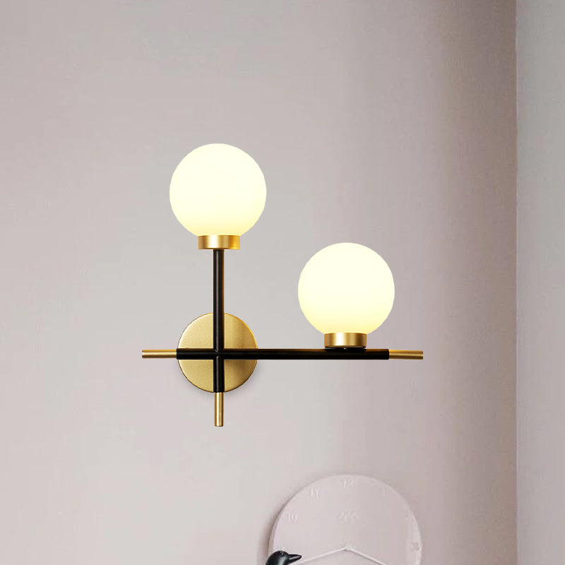 Lisslune | 2-Bulb Frosted Glass Wall Light Modern Black Double Sphere Living Room Wall Lamp with Cross Design