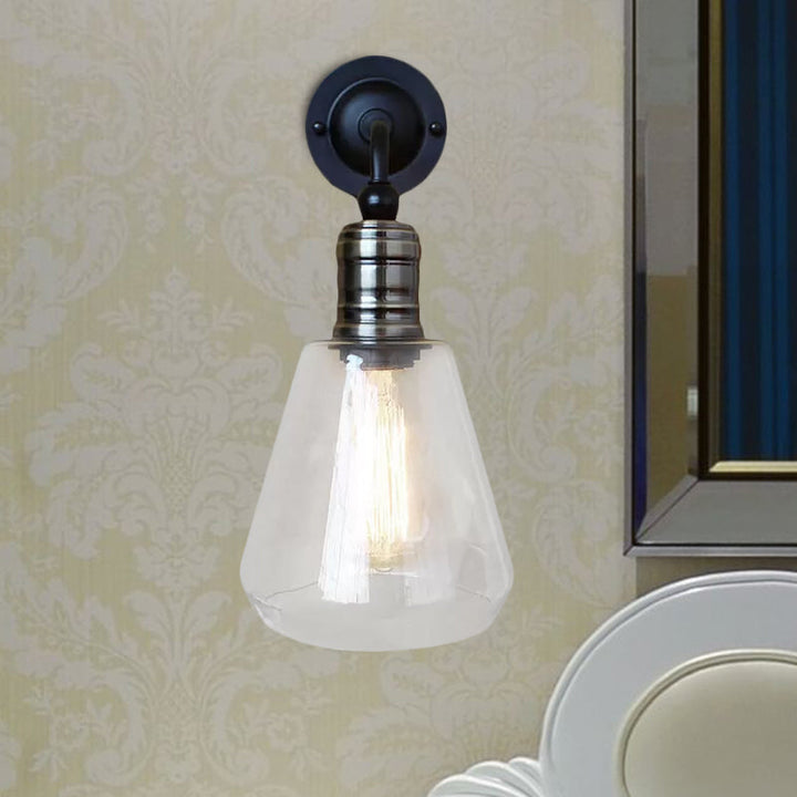 Lisslune | Rustic Style Tapered Shade Wall Lighting Fixture Single Gloss Clear Glass Wall Lamp in Black for Kitchen