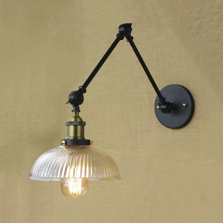 Lisslune | 1 Light Ribbed Glass Wall Lamp Light Industrial Antique Brass/Black/Rust Dome Living Room Lighting Fixture with Swing Arm