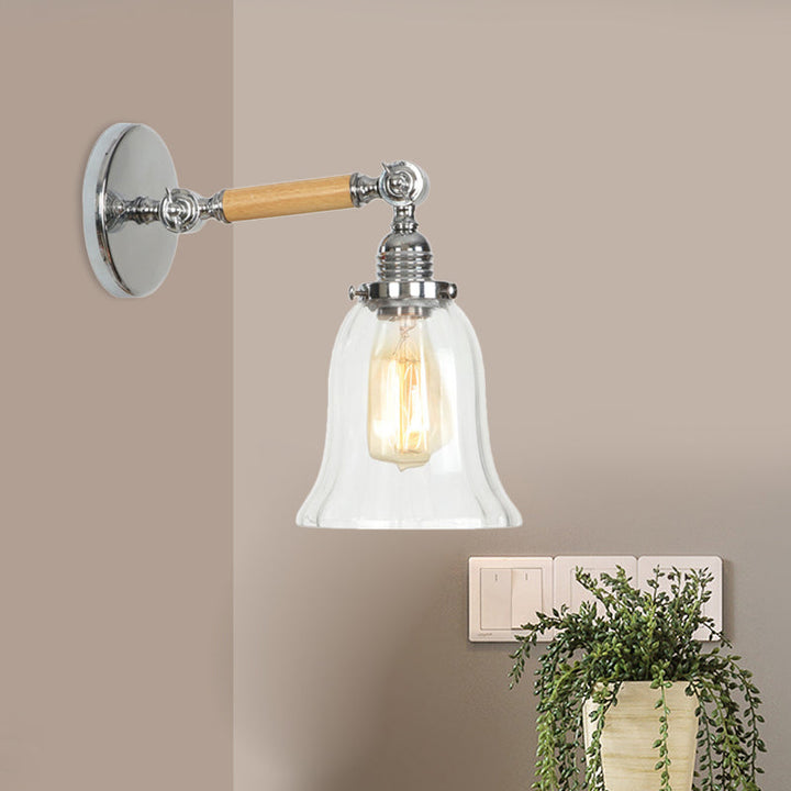 Lisslune | 1 Light Clear Textured Glass Wall Sconce Light Vintage Chrome Bell Living Room Lighting Fixture, 8"/4"/6" Wide Wooden Arm