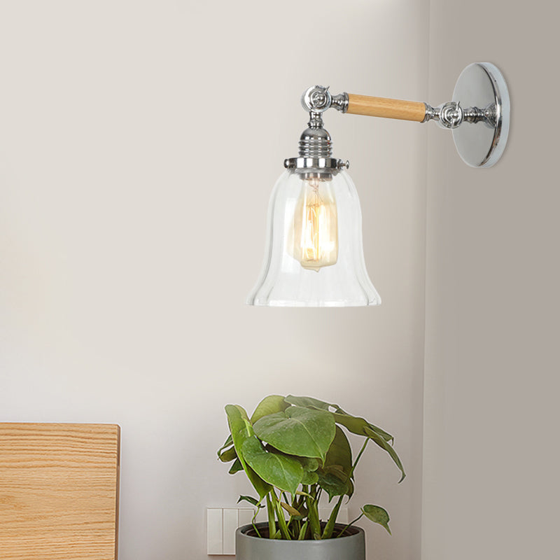 Lisslune | 1 Light Clear Textured Glass Wall Sconce Light Vintage Chrome Bell Living Room Lighting Fixture, 8"/4"/6" Wide Wooden Arm