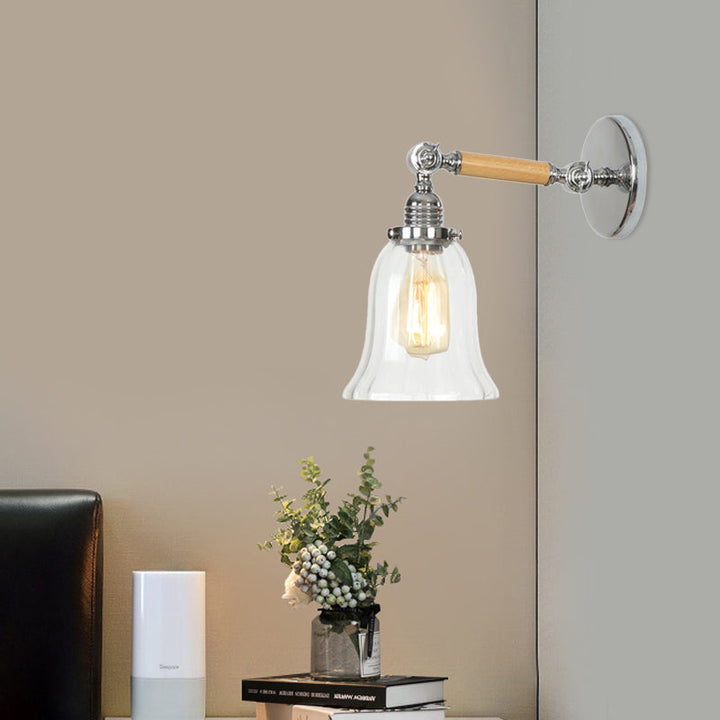 Lisslune | 1 Light Clear Textured Glass Wall Sconce Light Vintage Chrome Bell Living Room Lighting Fixture, 8"/4"/6" Wide Wooden Arm