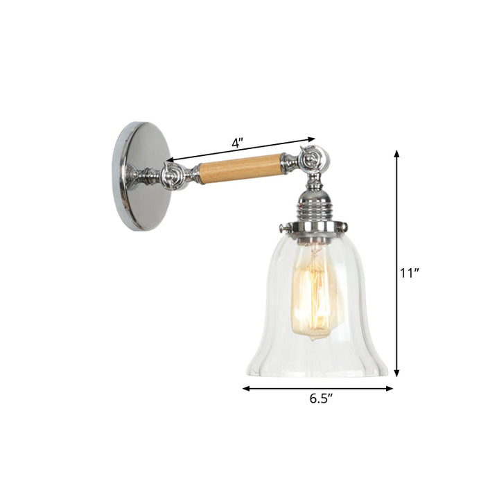 Lisslune | 1 Light Clear Textured Glass Wall Sconce Light Vintage Chrome Bell Living Room Lighting Fixture, 8"/4"/6" Wide Wooden Arm