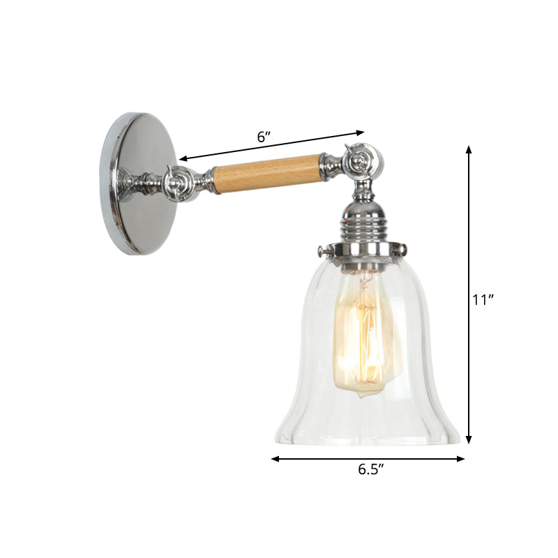 Lisslune | 1 Light Clear Textured Glass Wall Sconce Light Vintage Chrome Bell Living Room Lighting Fixture, 8"/4"/6" Wide Wooden Arm