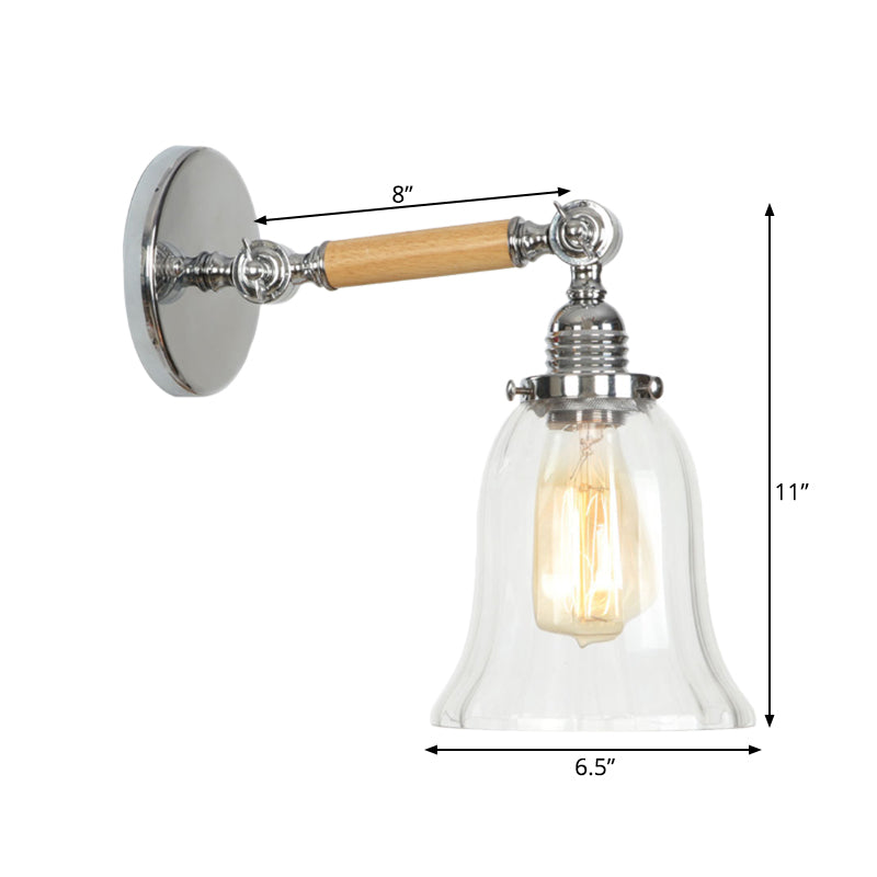 Lisslune | 1 Light Clear Textured Glass Wall Sconce Light Vintage Chrome Bell Living Room Lighting Fixture, 8"/4"/6" Wide Wooden Arm