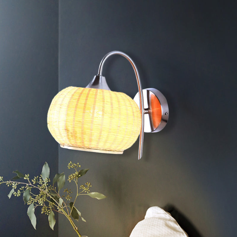 Skørter | Rattan Round Drum Wall Lamp Modern Style 1 Light Chrome Finish Wall Lamp with Metal Curved Arm