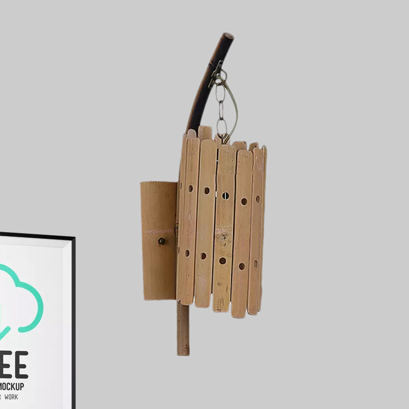Skørter | Cylindrical Wall Light Modern Perforated Bamboo 1 Head Wood Wall Light for Balcony