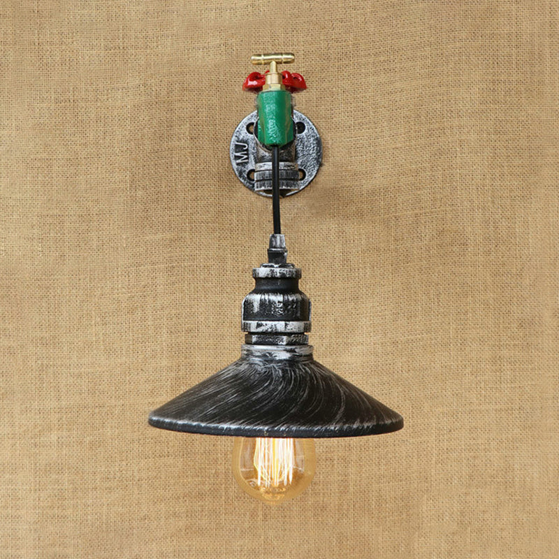 Lisslune | Steampunk Wall Lamp with Conical Shade 1 Lamp Cast Iron Wall Light in Aged Silver