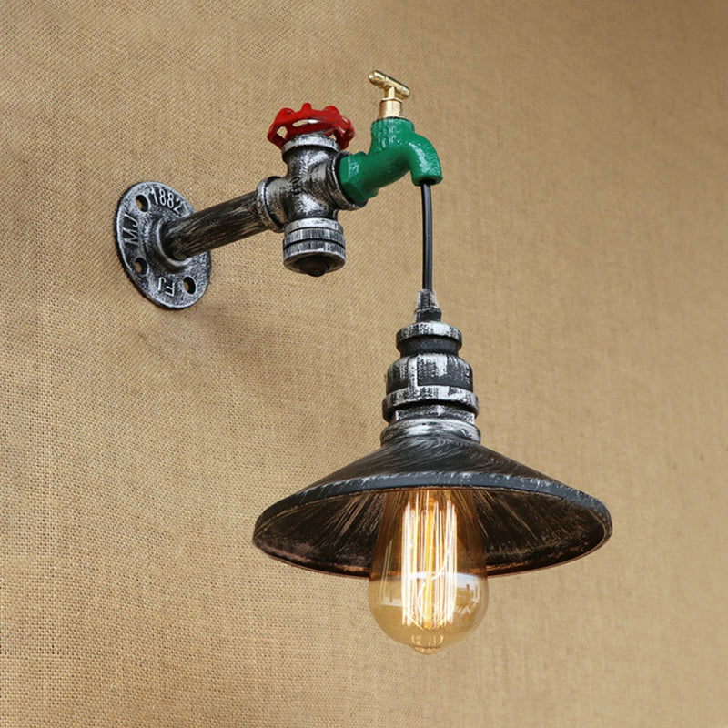 Lisslune | Steampunk Wall Lamp with Conical Shade 1 Lamp Cast Iron Wall Light in Aged Silver