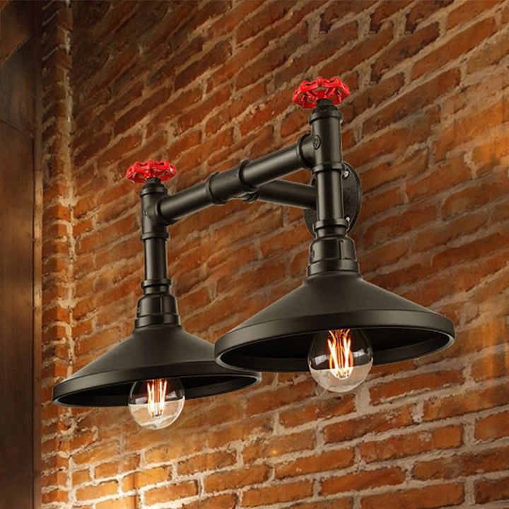 Lisslune | Industrial Cone Wall Lamp with Raw Valve 2 Heads Metal Wall Light in Black for Hallway