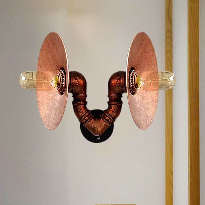 Lisslune | Dark Rust Round Wall Light Rustic Style Wrought Iron 2 Bulbs Bedroom Wall Mounted Light with Pipe