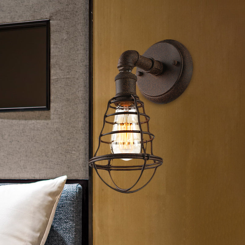 Lisslune | Wire Frame Iron Wall Lamp with Pipe Farmhouse 1 Head Dining Room Mini Wall Lamp in Rust