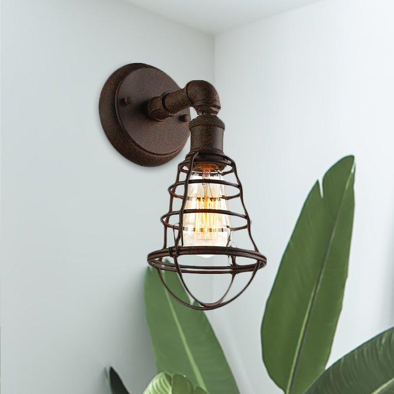 Lisslune | Wire Frame Iron Wall Lamp with Pipe Farmhouse 1 Head Dining Room Mini Wall Lamp in Rust