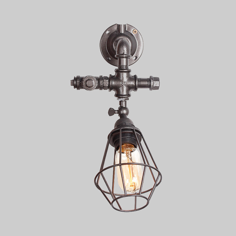 Lisslune | Diamond Cage Iron Wall Mount Light with Pipe Design Industrial Style 1 Bulb Bedroom Wall Lighting in Antique Brass/Silver