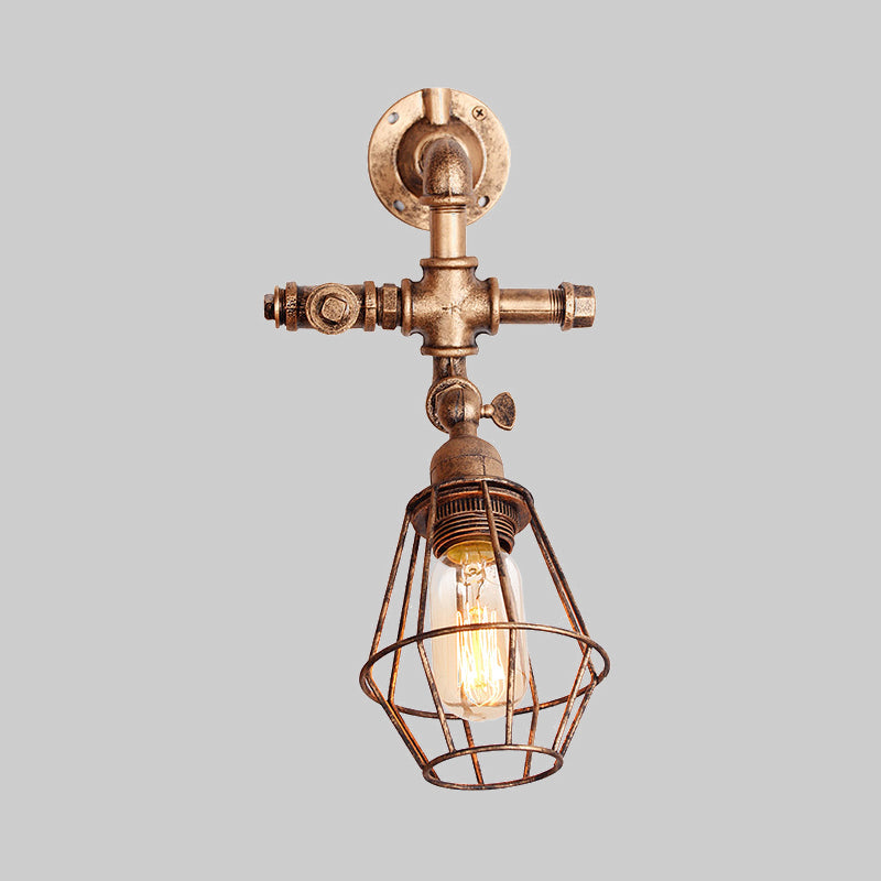 Lisslune | Diamond Cage Iron Wall Mount Light with Pipe Design Industrial Style 1 Bulb Bedroom Wall Lighting in Antique Brass/Silver