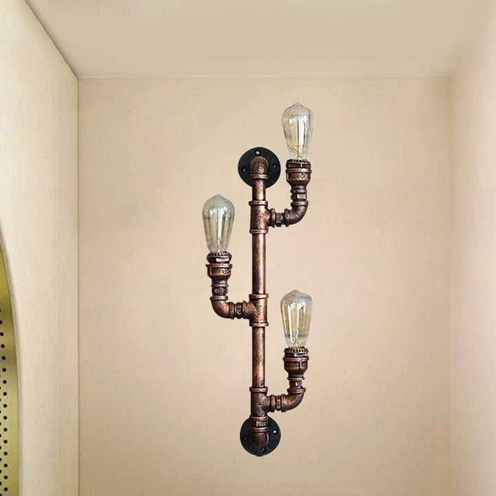 Skørter | Warehouse Water Pipe Wall Lamp with Exposed Light Bulb 2/3 Lights Iron Wall Lamp in Aged Copper