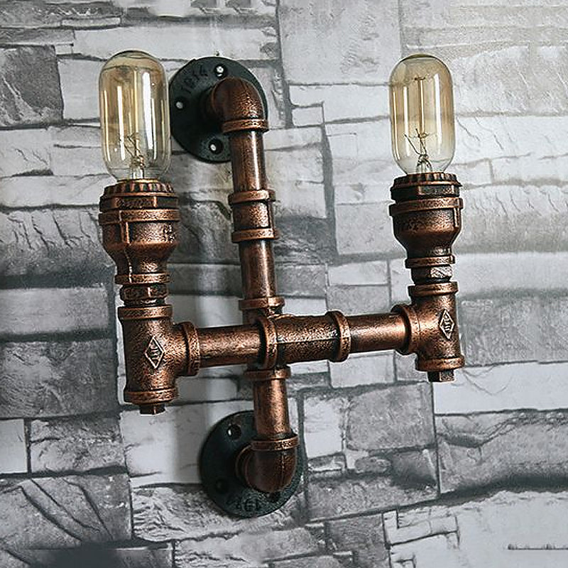 Skørter | Warehouse Water Pipe Wall Lamp with Exposed Light Bulb 2/3 Lights Iron Wall Lamp in Aged Copper
