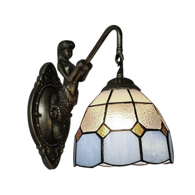 Lisslune | Blue Glass Grid Pattern Wall Mounted Lamp Tiffany 1 Head Antique Brass Wall Light