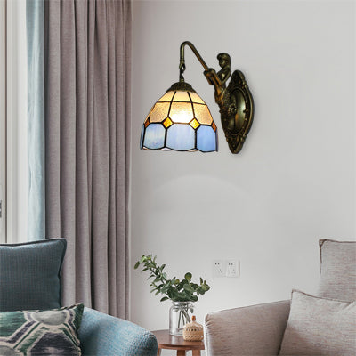 Lisslune | Blue Glass Grid Pattern Wall Mounted Lamp Tiffany 1 Head Antique Brass Wall Light