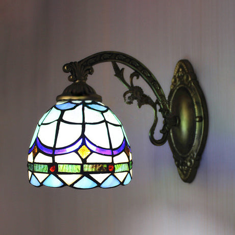 Lisslune | Stained Glass Dome Wall Lamp with Engraved Arm 1 Light Tiffany Traditional Wall Lamp in Blue