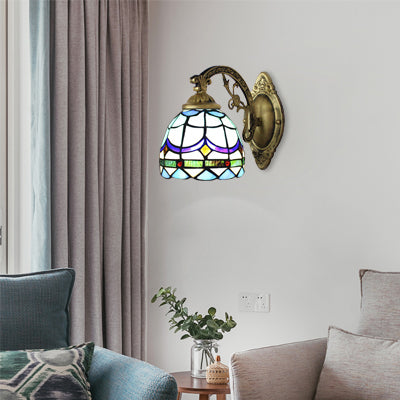 Lisslune | Stained Glass Dome Wall Lamp with Engraved Arm 1 Light Tiffany Traditional Wall Lamp in Blue