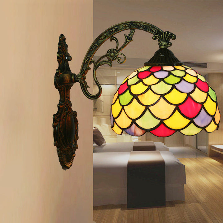 Lisslune | Fishscale Speckled Art Glass Wall Lamp Tiffany 1 Lamp Brass Wall Lamp Light with Curved Arm