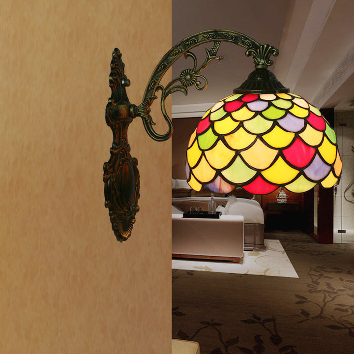 Lisslune | Fishscale Speckled Art Glass Wall Lamp Tiffany 1 Lamp Brass Wall Lamp Light with Curved Arm