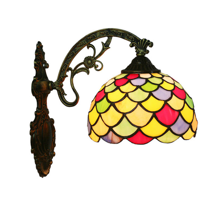 Lisslune | Fishscale Speckled Art Glass Wall Lamp Tiffany 1 Lamp Brass Wall Lamp Light with Curved Arm