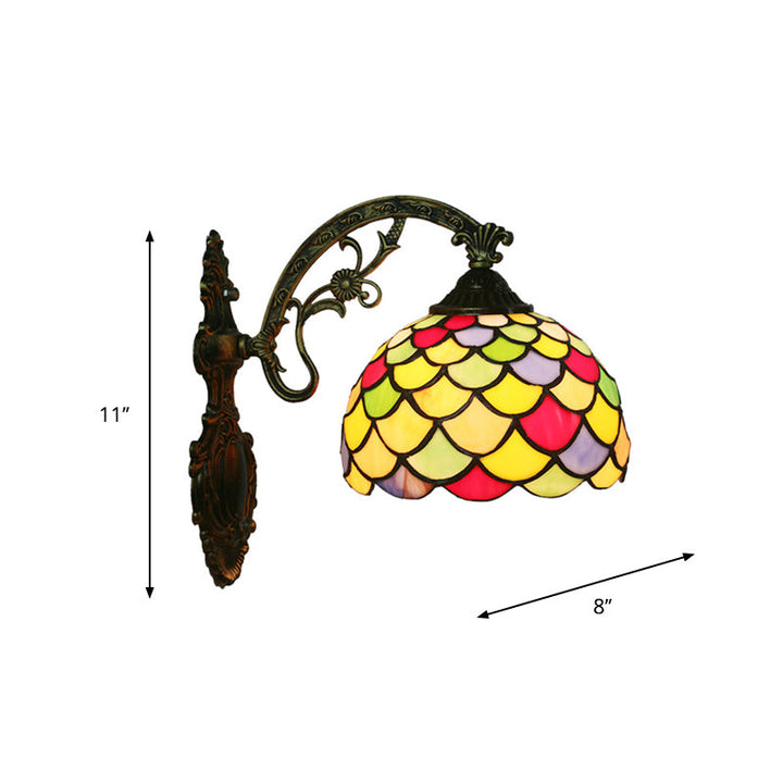 Lisslune | Fishscale Speckled Art Glass Wall Lamp Tiffany 1 Lamp Brass Wall Lamp Light with Curved Arm