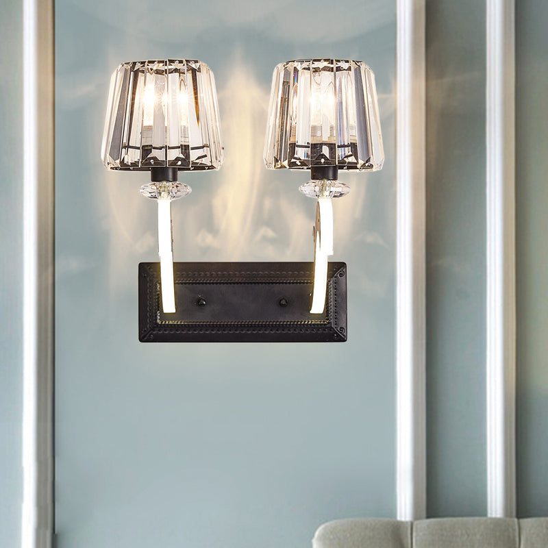 Lisslune | Crystal Block Cone Shade Wall Light Minimal 1/2-Head Black Wall Lamp for Bedroom