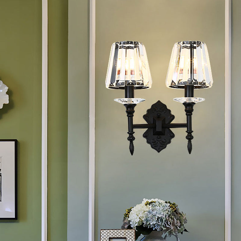 Lisslune | 1/2-Light Nightstand Wall Lighting Modernism Black Wall-Mounted Lamp with Conical Crystal Block Shade
