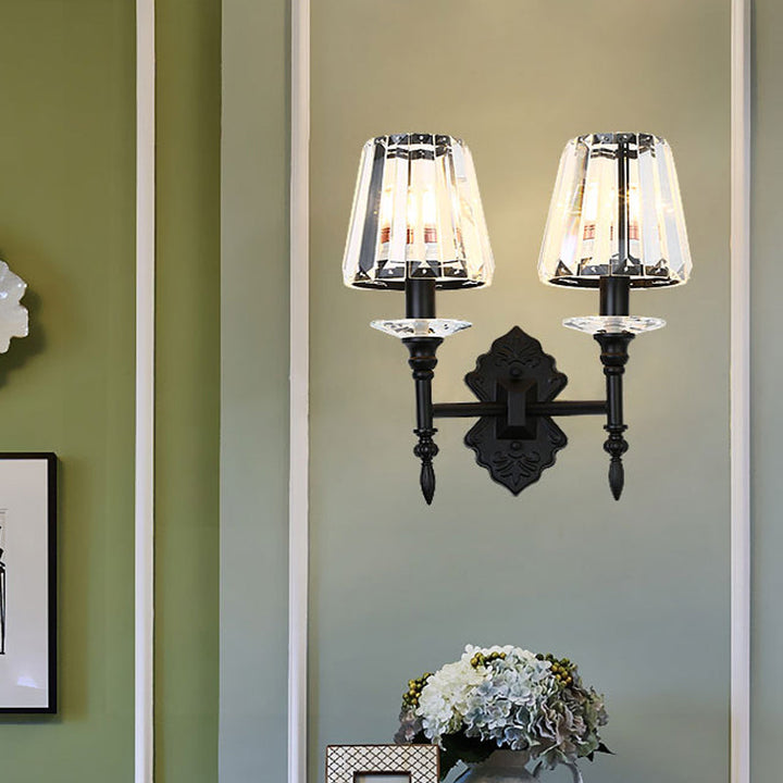 Lisslune | 1/2-Light Nightstand Wall Lighting Modernism Black Wall-Mounted Lamp with Conical Crystal Block Shade